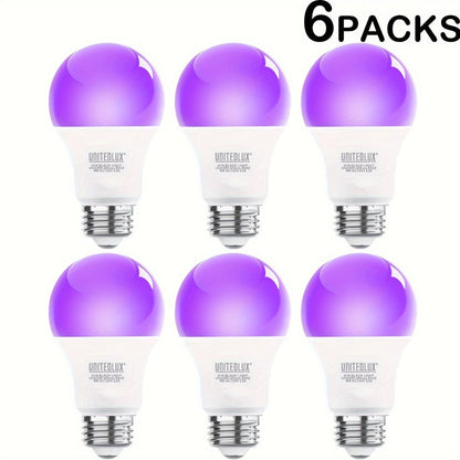 Black Light Bulbs 6 Pack A19 E26 LED UV Bulbs 9W 60W Equivalent 390-400nm UVA Glow in the Dark for Party Neon Poster Body Art Halloween Indoor Use 120V Shatterproof