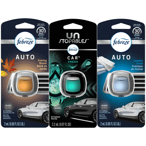 Febreze Auto Car Vent Clip Air Freshener, 3 Count Variety Pack: Unstopables Fresh, Evening Woods, Laundry Fresh, Odor Eliminator for Strong Odor