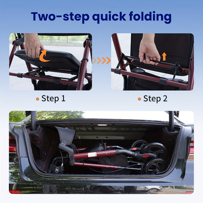 Rollator Walker for Seniors Foldable with 8-Inch Big Wheels, Durable Aluminum All-Terrain Rolling Walker with Ergonomic Backrest & Dual Adjustable Height, Upright Walker Option Available for Elderly