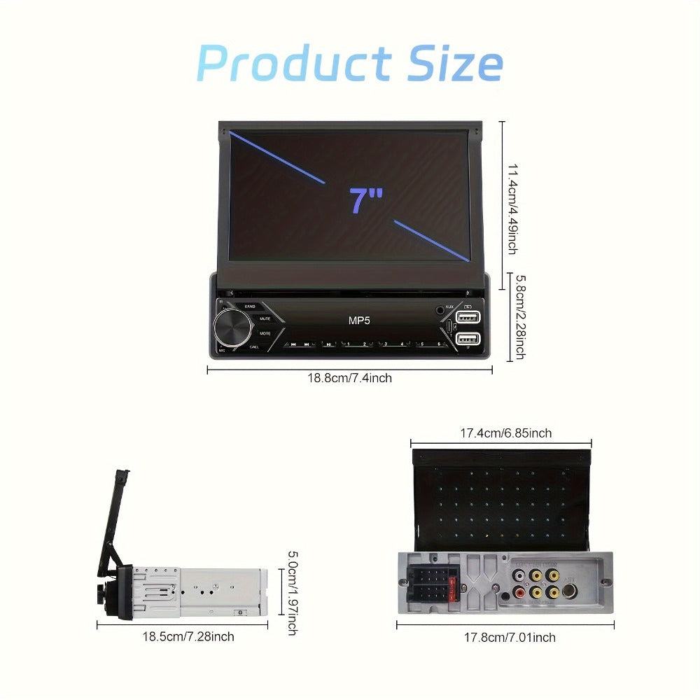 Single DIN Car Stereo - 7" HD Retractable Touchscreen, MP5 Player, Mirror Link, Bluetooth Hands-Free, FM Radio, USB & AUX, Colorful Backlight, 45W x4 Output