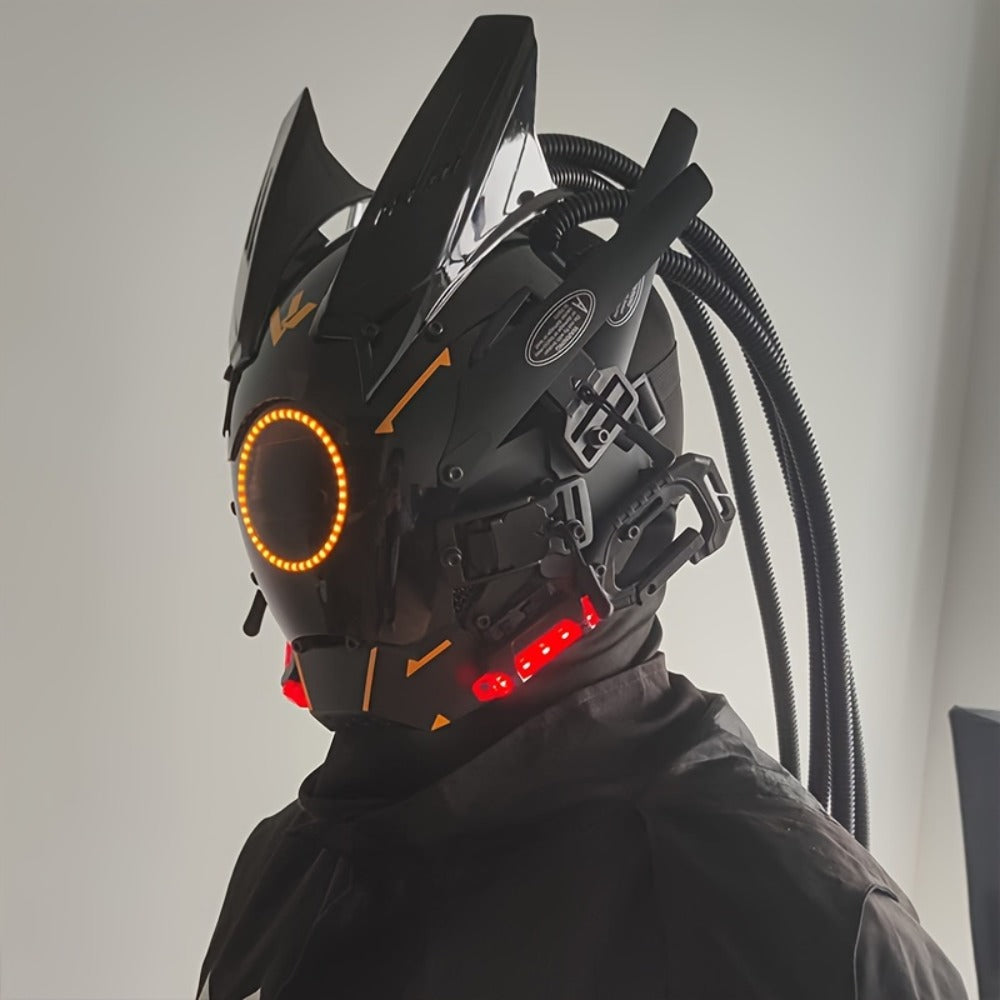 LED Punk Mask with Tubular Braids & Helmet – Futuristic Sci-Fi Mechanical Cosplay Mask for Halloween, Rave Music Festival & Party, Blue Green Pink, Handmade TPU PC Unisex Adult Costume Prop