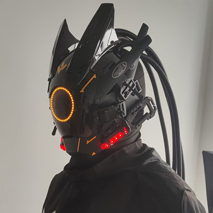 LED Punk Mask with Tubular Braids & Helmet – Futuristic Sci-Fi Mechanical Cosplay Mask for Halloween, Rave Music Festival & Party, Blue Green Pink, Handmade TPU PC Unisex Adult Costume Prop