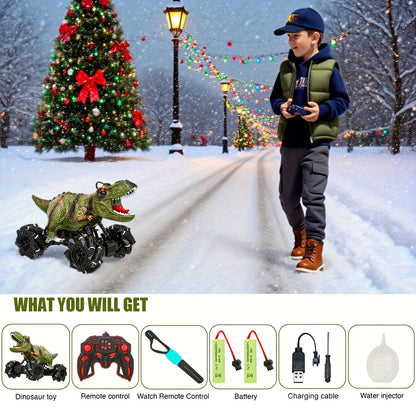 Spray Mist RC Monster Truck Dinosaur with Side-to-Side Drift LED Lights & Sound Effects – All-Terrain Stunt Remote Control Car for Kids Ages 6+ Birthday Easter Gift w/ or w/o Spray