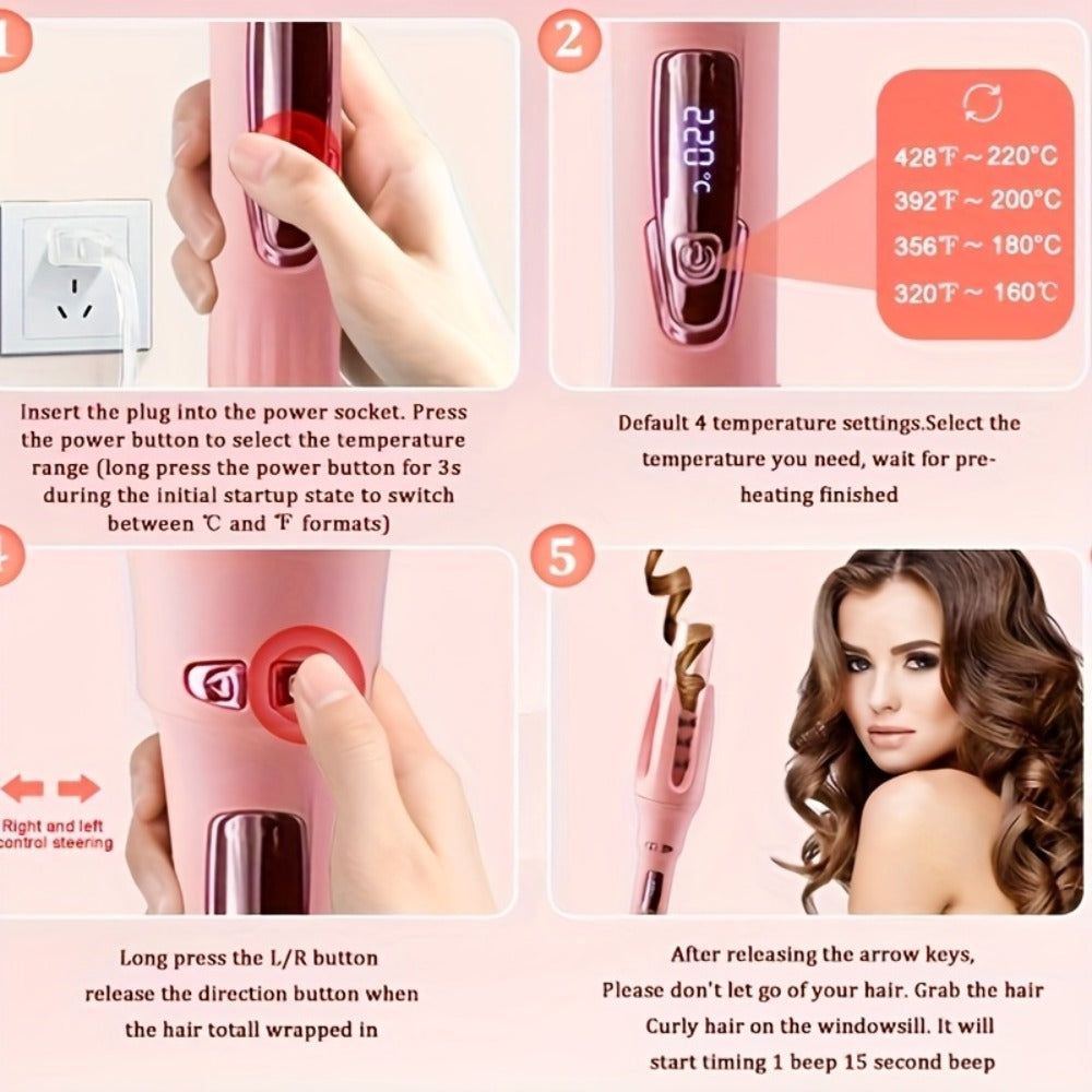 Automatic Curling Iron 32mm Essential Oil Coating – 4 Temperature Settings Anti-Scald Moisturizing Hair Curler with Hairpins & Comb for All Hair Types – Purple