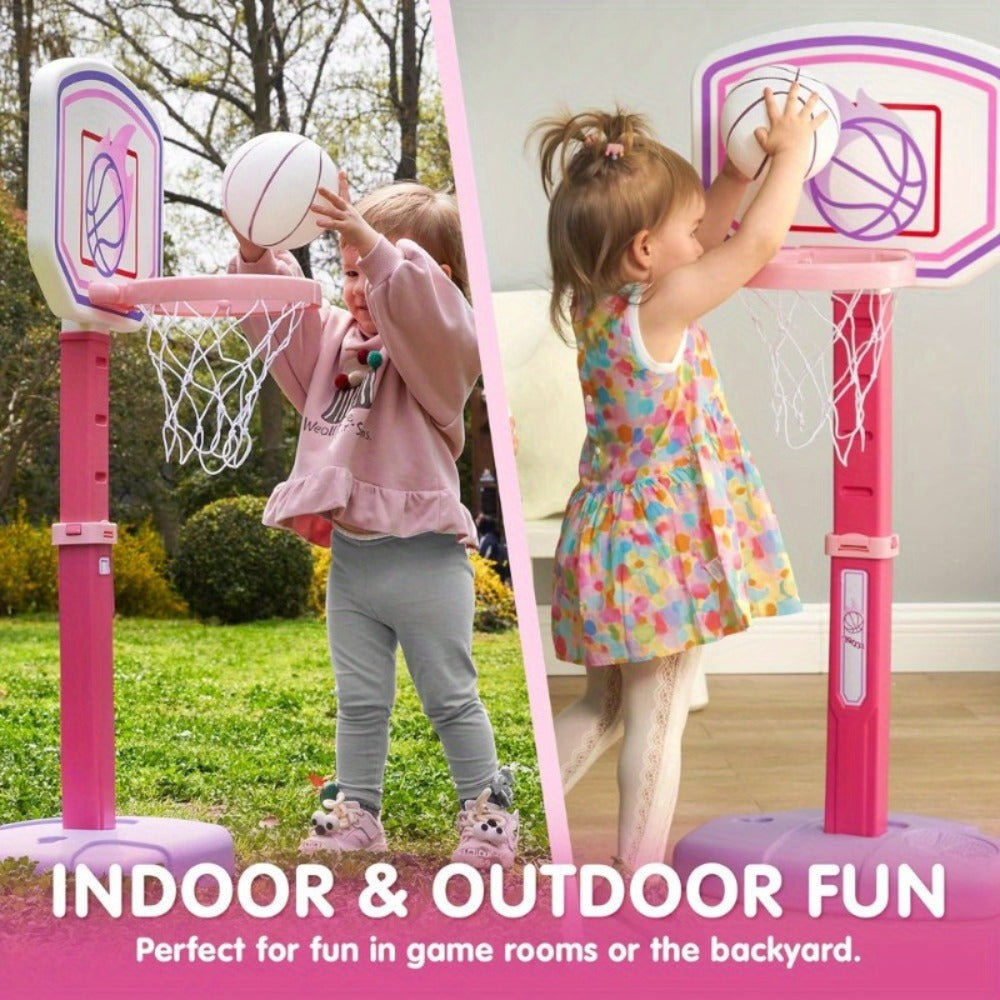 Toddler Basketball Hoop Adjustable Height 2.5-3.5ft Kids Basketball Goal with 4 Balls Air Pump Indoor Outdoor Sports Toy for Boys Girls Ages 1-6 Birthday Christmas Easter Gift Pink Purple