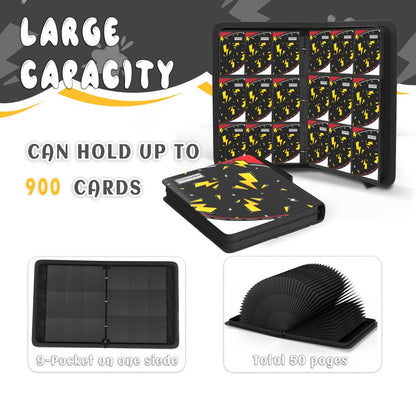 Trading Card Binder 900 Pockets with 50 Removable Sleeves – PU Leather Zipper Album for Pokemon MTG Sports YuGiOh Cards, 9-Pocket Side-Load Pages, Card Collector Storage Book for TCG Players