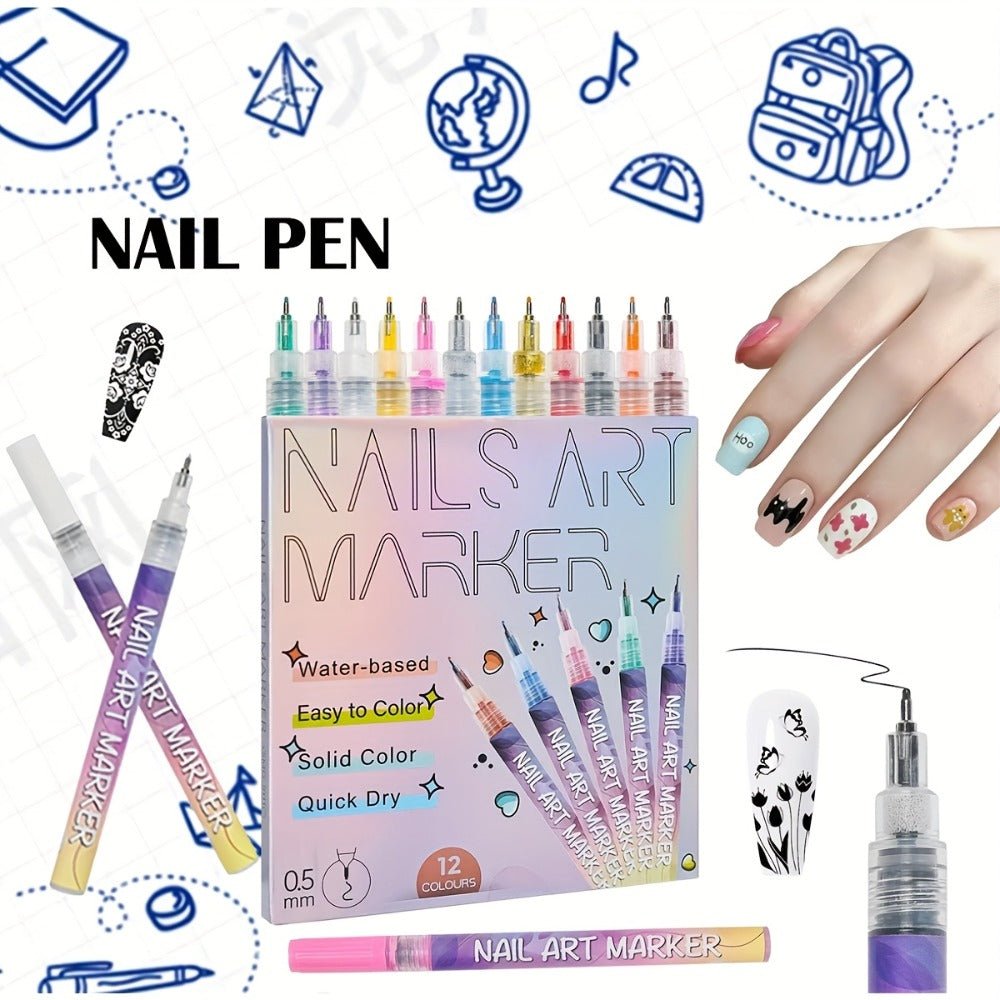 Acrylic Nail Doodle Pen Set 12 Colors - Quick-Dry Precision 3D Dot & Stitching Nail Art Pens, Long-Lasting Detail Drawing Tools for Home & Salon, Beginner & Professional Nail Art Gift