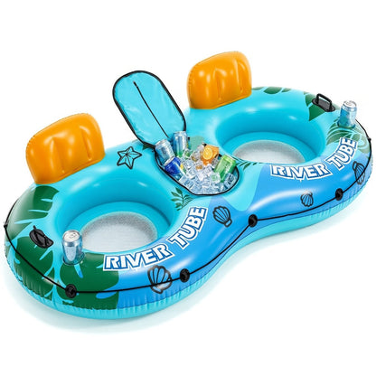 2 Person Inflatable Pool Float Bed with Detachable Cooler & 2 Cup Holders – Heavy Duty Double Adult Lounge Raft for Swimming Pool River Lake Drifting Summer Couples Gift