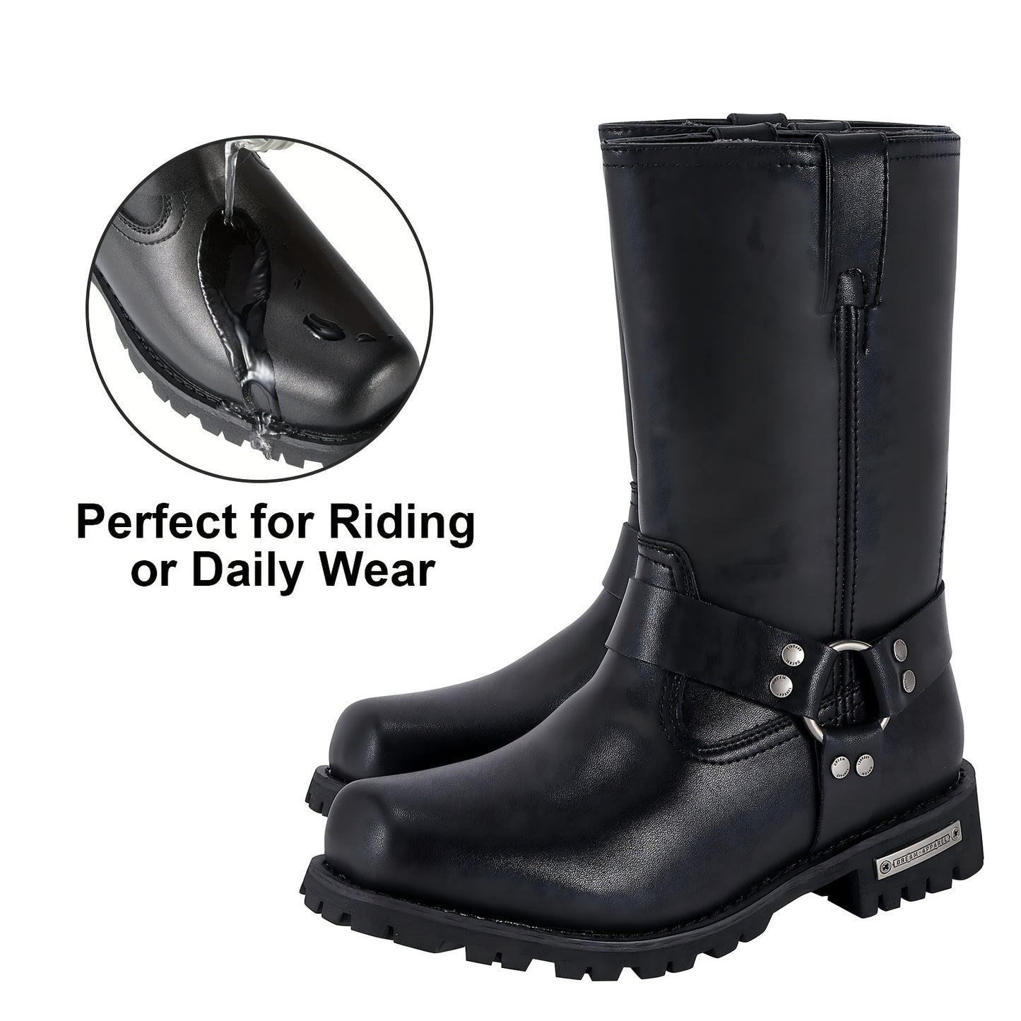 [Men'S Motorcycle Boots] Men's 11in Harness Motorcycle Boots, DREAM APPAREL, PU Leather, Non-Slip, Square Toe, Abrasion Resistant, Mid-Calf Biker Boots For All-Season Riding Shoes