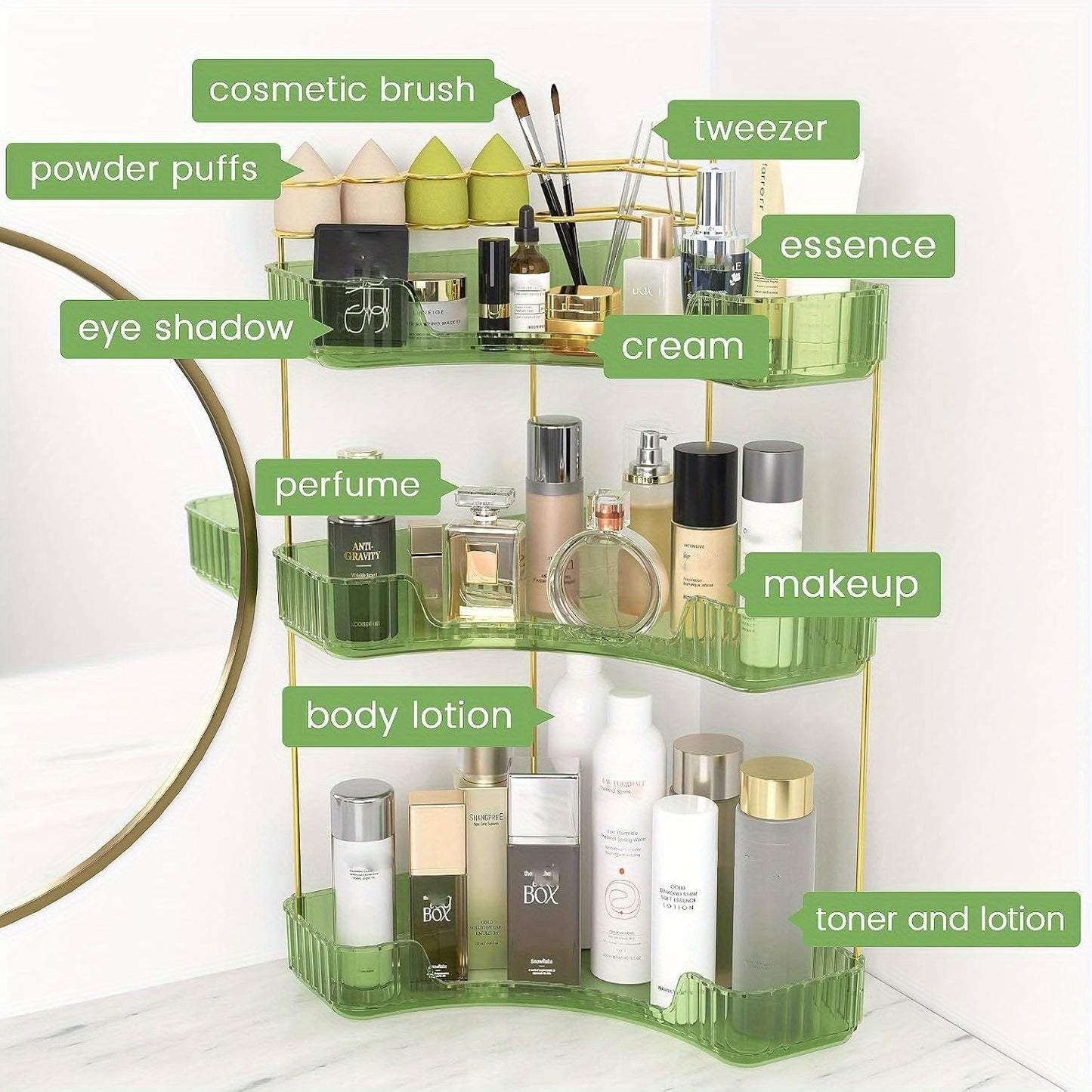 Bathroom Corner Shelf Organizer 2-in-1 Tiered Makeup Skincare Storage with Brush Holder No-Tool Install Space-Saving Countertop Vanity Dresser Kitchen Organizer Women