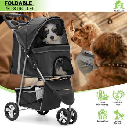 Pet Jogger Stroller 3-Wheel for Small & Medium Dogs & Cats up to 33 lbs - Foldable Oxford Waterproof Dog Cat Pram with 360° Swivel Wheels, Shock Absorber, Rear Brakes, Cup Holder & Storage Basket, 11 Colors