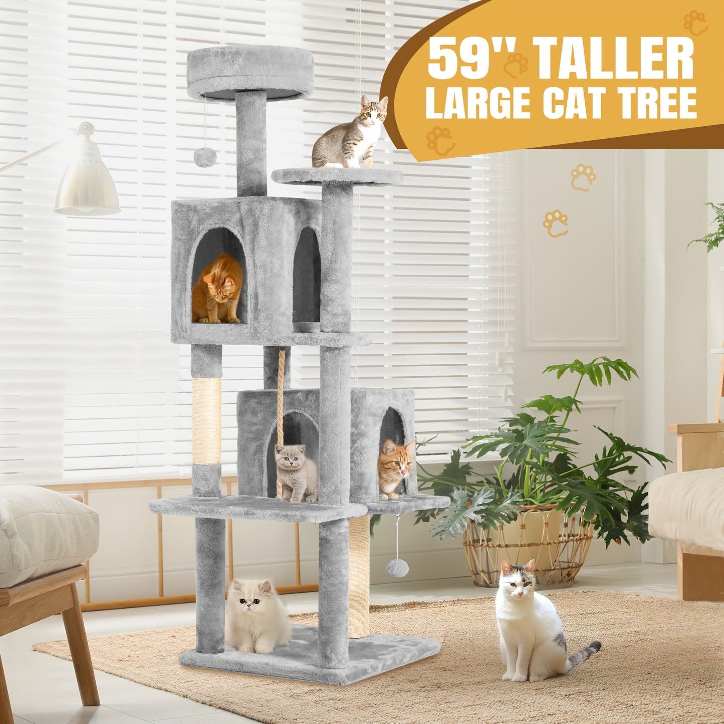 Cat Tree Tower 59 Inch Large Multi-Level Cat Tower for Indoor Cats with Plush Resting Area, Sisal Scratching Post & Hanging Ball Toy – Tall Cat Furniture for Bedroom Living Room, Multiple Colors