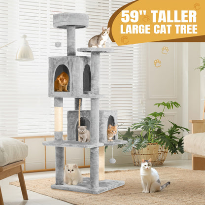 Cat Tree Tower 59 Inch Large Multi-Level Cat Tower for Indoor Cats with Plush Resting Area, Sisal Scratching Post & Hanging Ball Toy – Tall Cat Furniture for Bedroom Living Room, Multiple Colors