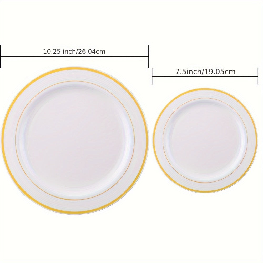 Gold Plastic Plates Disposable Dinnerware Set 350pcs – 50 Dinner Plates, 50 Dessert Plates, 50 Gold Rim 9oz Cups & 50 Gold Cutlery Sets | Elegant Party Tableware for Wedding, Birthday & Holiday Events