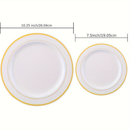Gold Plastic Plates Disposable Dinnerware Set 350pcs – 50 Dinner Plates, 50 Dessert Plates, 50 Gold Rim 9oz Cups & 50 Gold Cutlery Sets | Elegant Party Tableware for Wedding, Birthday & Holiday Events