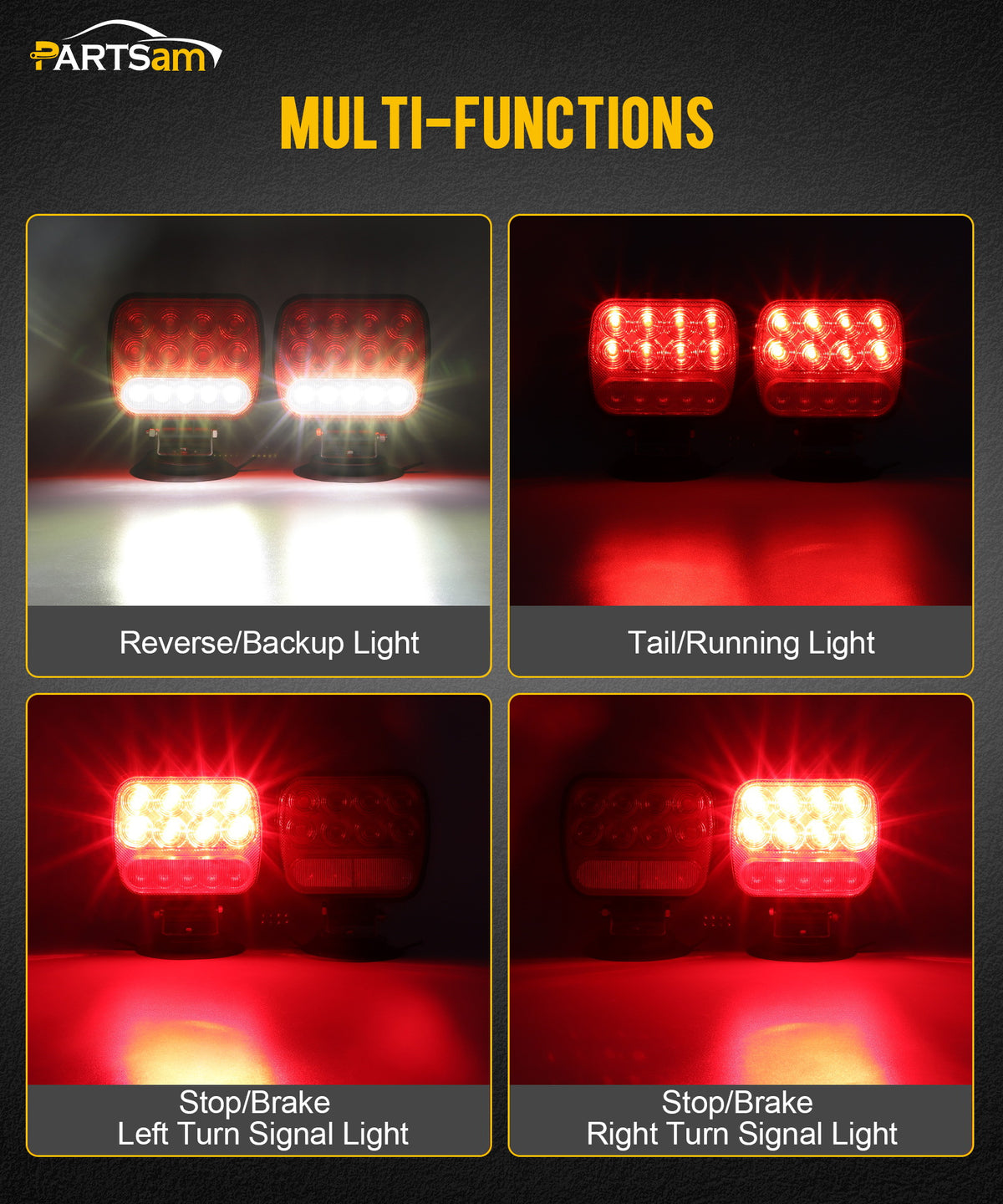 Partsam Wireless LED Trailer Light Kit Magnetic Towing Tail Light Portable Universal Stop Turn Running Backup Reverse Red+Clear Lens w/ 7-Pin Plug Dual USB Cable Charger for Trucks Trailers 12-24V, IPX5