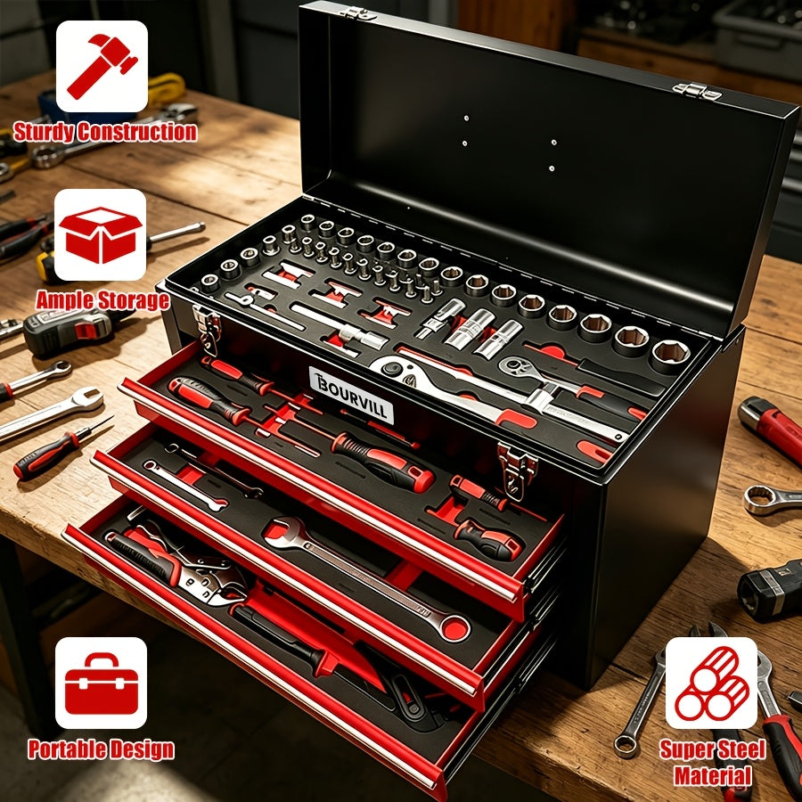 BOURVILL 52+1/108/321pcs Three-Drawer Hardware Tool Storage Box | Portable Self-Locking Toolbox | Automotive Repair Tool Set | Ideal for Organizing And Storing Hardware | Suitable for Automotive, Motorcycle, And Home Repair Work