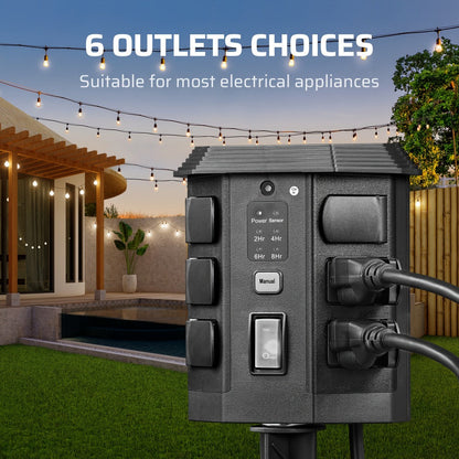 Outdoor Power Stake Timer 6 Outlet Weatherproof – 100FT Wireless Remote Control, Dusk to Dawn Photocell Sensor, 7 Timer Modes, 6FT Cord, Overload Protection for Garden Yard Christmas Holiday Lights