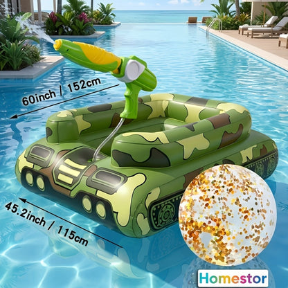 Giant Tugboat Pool Float 60 Inch XL Ride-On Inflatable Raft with Built-In Water Sprayer & 16-Inch Beach Ball – Heavy Duty PVC Float for Adults & Teens, Pool Lake Beach Party, Green