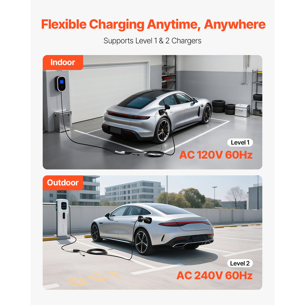 VEVOR EV Charger Extension Cable, 32Amp 21 ft J1772 Extension Cord Compatible with 120V-240V SAE J1772 Electric Vehicle Chargers, Level 1/Level 2 Heavy Duty Car Charging Cable with Carrying Bag