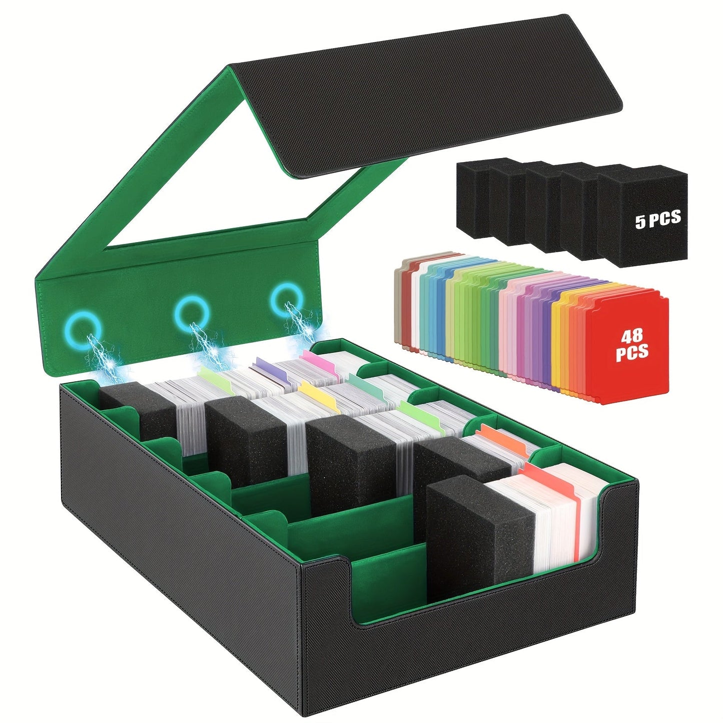 Trading Card Storage Box 5-Row 3900+ Capacity – Card Deck Case with 48 Colorful Dividers & 5 Foam Supporters for MTG Commander Yu-Gi-Oh Pokemon TCG Sports Cards