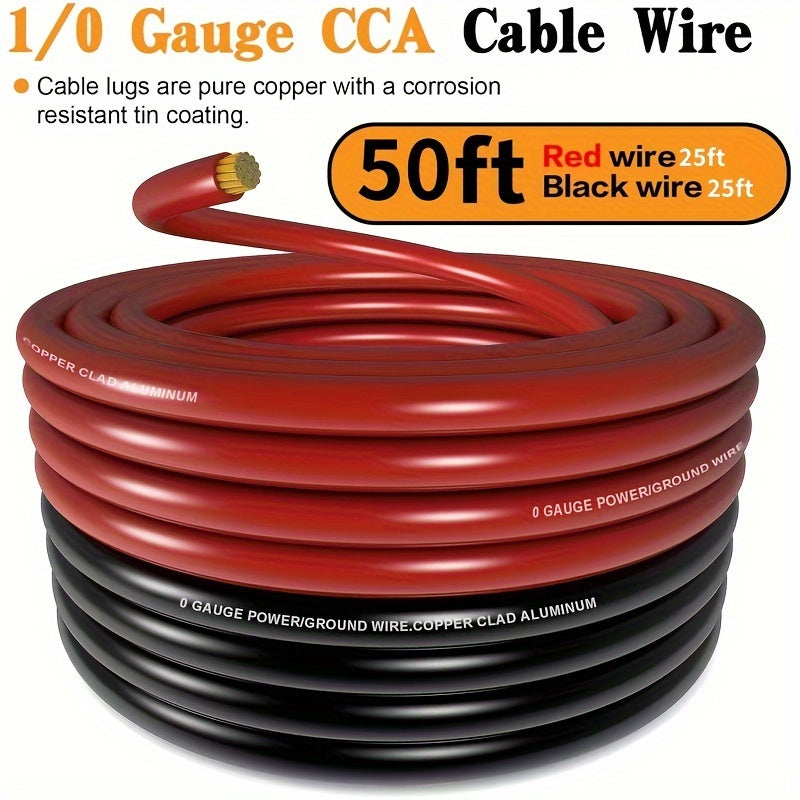 1/0 Gauge Copper-Clad Aluminum (CCA) Wire, (20ft Red + 20ft Black), (25ft Black + 25ft Red), with 20 Terminals, 20 Heat-shrink Tubes, And 1 Fuse Box; Battery Power/ground Cables, Car Audio Speakers, RV/trailer Amp Wiring Kits