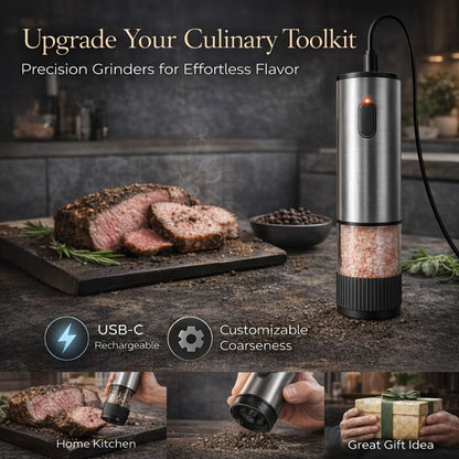 Electric Pepper Grinder USB-C Rechargeable – 5-Level Adjustable Coarseness, One-Hand Operation, Stainless Steel Pepper Mill with Ceramic Core for Kitchen Cooking, Outdoor BBQ & Grilling