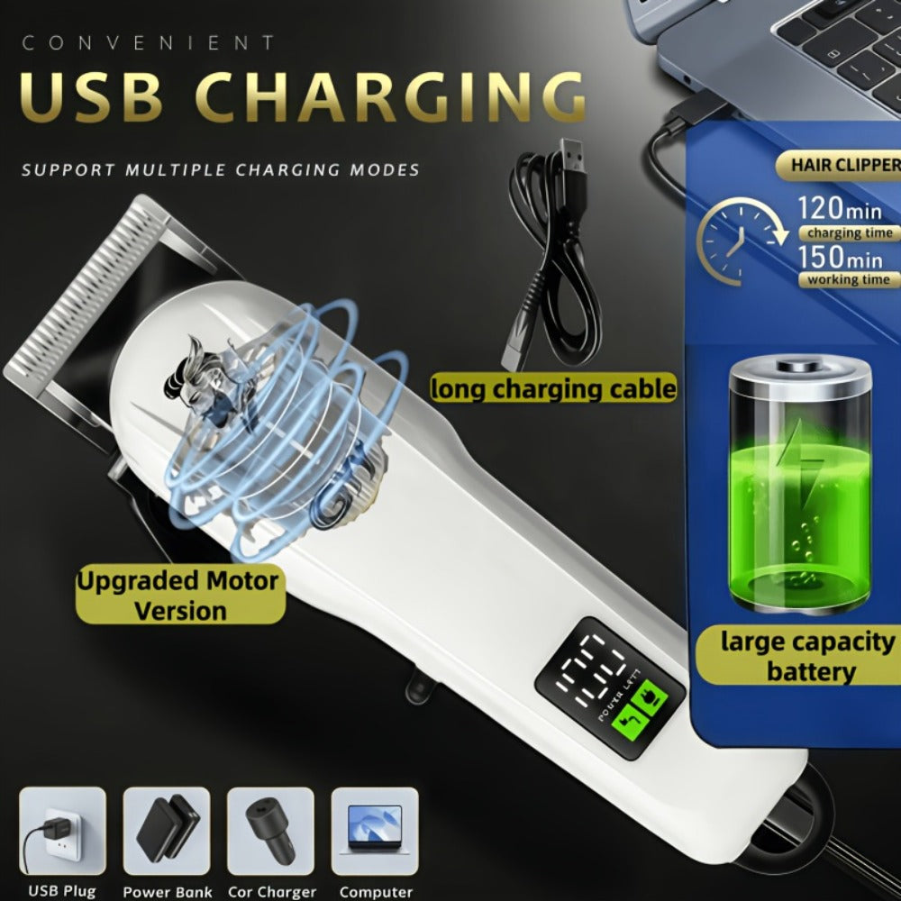 Hair Clipper Kit with Scissors for Home & Salon — Professional Stainless Steel Blade, Digital Display, USB Rechargeable Hair Cutting Set, Complete Grooming Kit, Gift for Father's Day & Birthdays