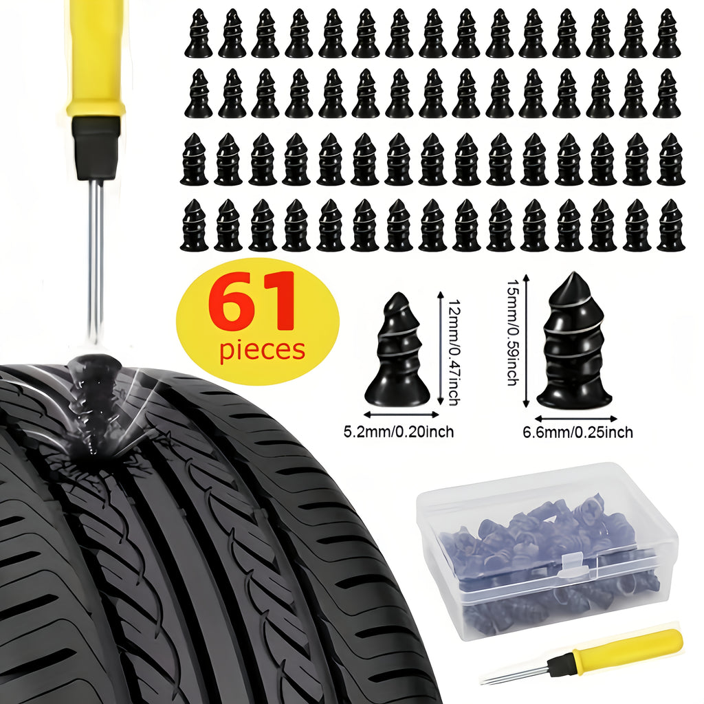 61 Tire Repair Rubber Plugs, Vacuum Tire Repair Kit, Spiral Rubber Screws, Quick Self-Service Repair Tool Suitable for Cars, Trucks, Motorcycles, Tractors, Tool for Tire Puncture Repair, Black