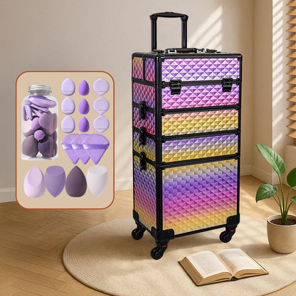 Rolling Makeup Train Case 4-in-1 Large Portable Cosmetic Trolley with 360 Degree Swivel Wheels Beauty Sponge Included Professional Salon Travel Organizer Gradient Purple Rose Gold