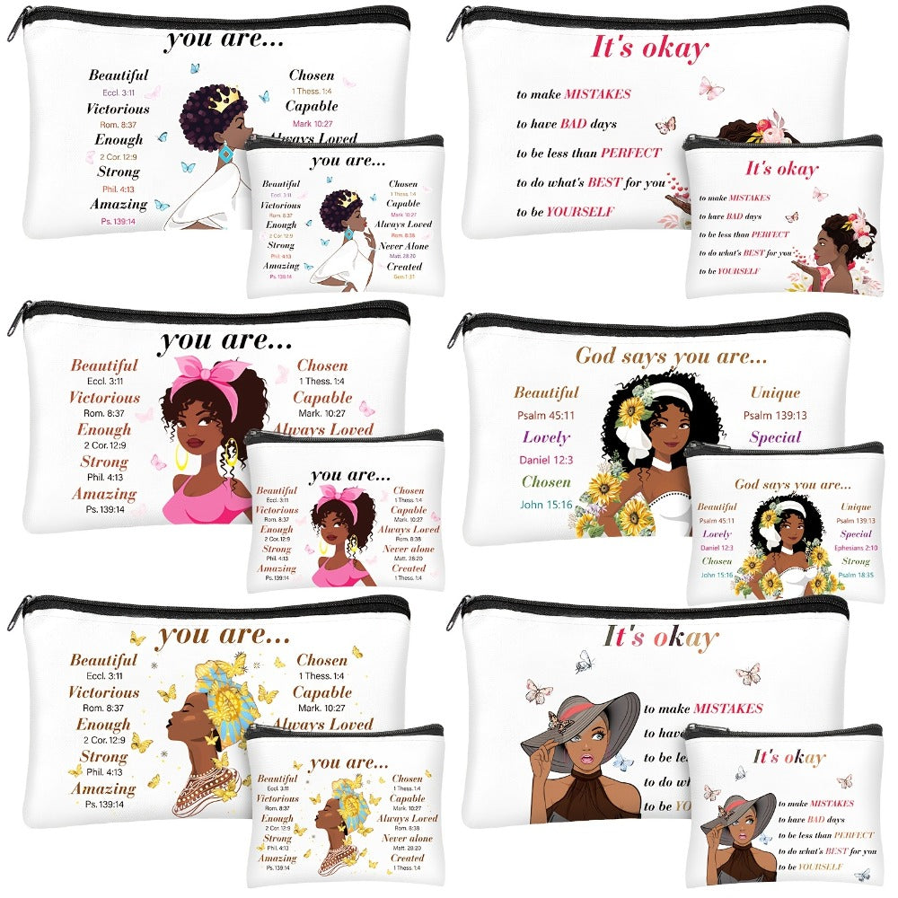 African Queen Makeup Bag Set 12 Pcs Inspirational Zipper Cosmetic Bags with Wallet Travel Toiletry Organizer Gift Set for Black Women Girls Birthday Juneteenth Kwanzaa