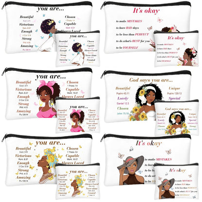 African Queen Makeup Bag Set 12 Pcs Inspirational Zipper Cosmetic Bags with Wallet Travel Toiletry Organizer Gift Set for Black Women Girls Birthday Juneteenth Kwanzaa