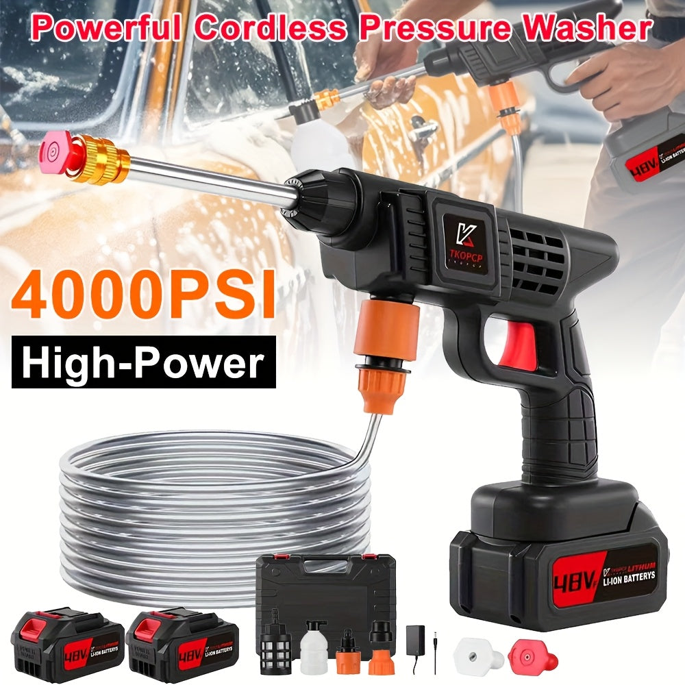 4000PSI Cordless Car Wash Machine, W/5-meter Hose, Portable Cordless High-pressure Car Wash Machine, 2000mAh Battery Powered, with 2 Battery, 6-in-1 Nozzle,, Portable High-Pressure Cleaning Machine for Car/Fence/Floor Cleaning Watering, Great Gift