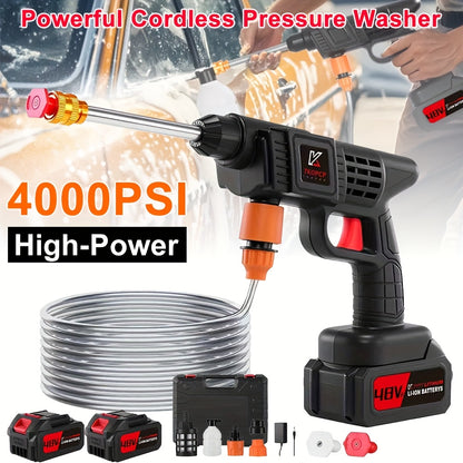 4000PSI Cordless Car Wash Machine, W/5-meter Hose, Portable Cordless High-pressure Car Wash Machine, 2000mAh Battery Powered, with 2 Battery, 6-in-1 Nozzle,, Portable High-Pressure Cleaning Machine for Car/Fence/Floor Cleaning Watering, Great Gift