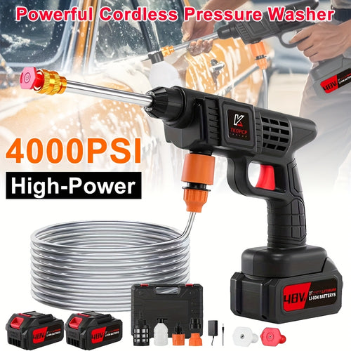4000PSI Cordless Car Wash Machine, W/5-meter Hose, Portable Cordless High-pressure Car Wash Machine, 2000mAh Battery Powered, with 2 Battery, 6-in-1 Nozzle,, Portable High-Pressure Cleaning Machine for Car/Fence/Floor Cleaning Watering, Great Gift