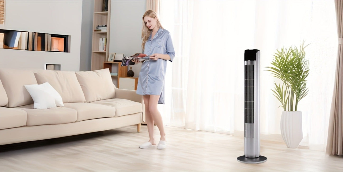 Bladeless Tower Fan 36 Inch | Remote Control, 5-Speed Settings & 4 Operating Modes, Whisper-Quiet 28dB, 12-Hour Timer, Oscillating Standing Fan for Home, Bedroom & Office – Titanium Gray & Black
