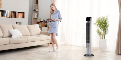 Bladeless Tower Fan 36 Inch | Remote Control, 5-Speed Settings & 4 Operating Modes, Whisper-Quiet 28dB, 12-Hour Timer, Oscillating Standing Fan for Home, Bedroom & Office – Titanium Gray & Black