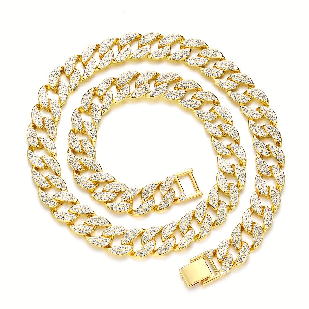 Dog Cuban Link Chain Necklace Full Rhinestone Pet Collar Jewelry – Durable Metal Bling Necklace for Small to Large Dogs & Cats, Sizes S to 3XL, Golden Silver Rose Gold, Holiday Gift