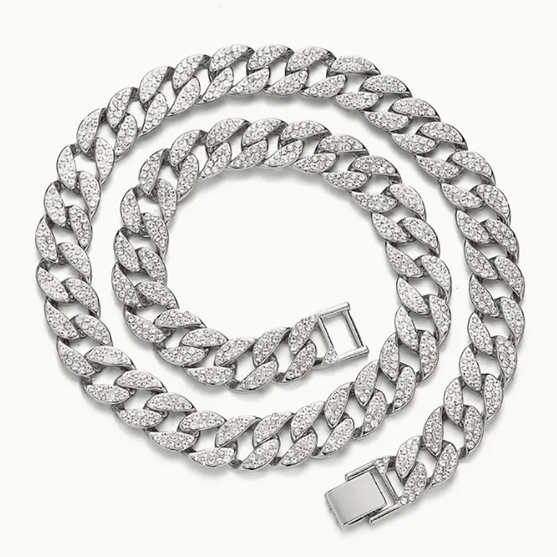 Dog Cuban Link Chain Necklace Full Rhinestone Pet Collar Jewelry – Durable Metal Bling Necklace for Small to Large Dogs & Cats, Sizes S to 3XL, Golden Silver Rose Gold, Holiday Gift