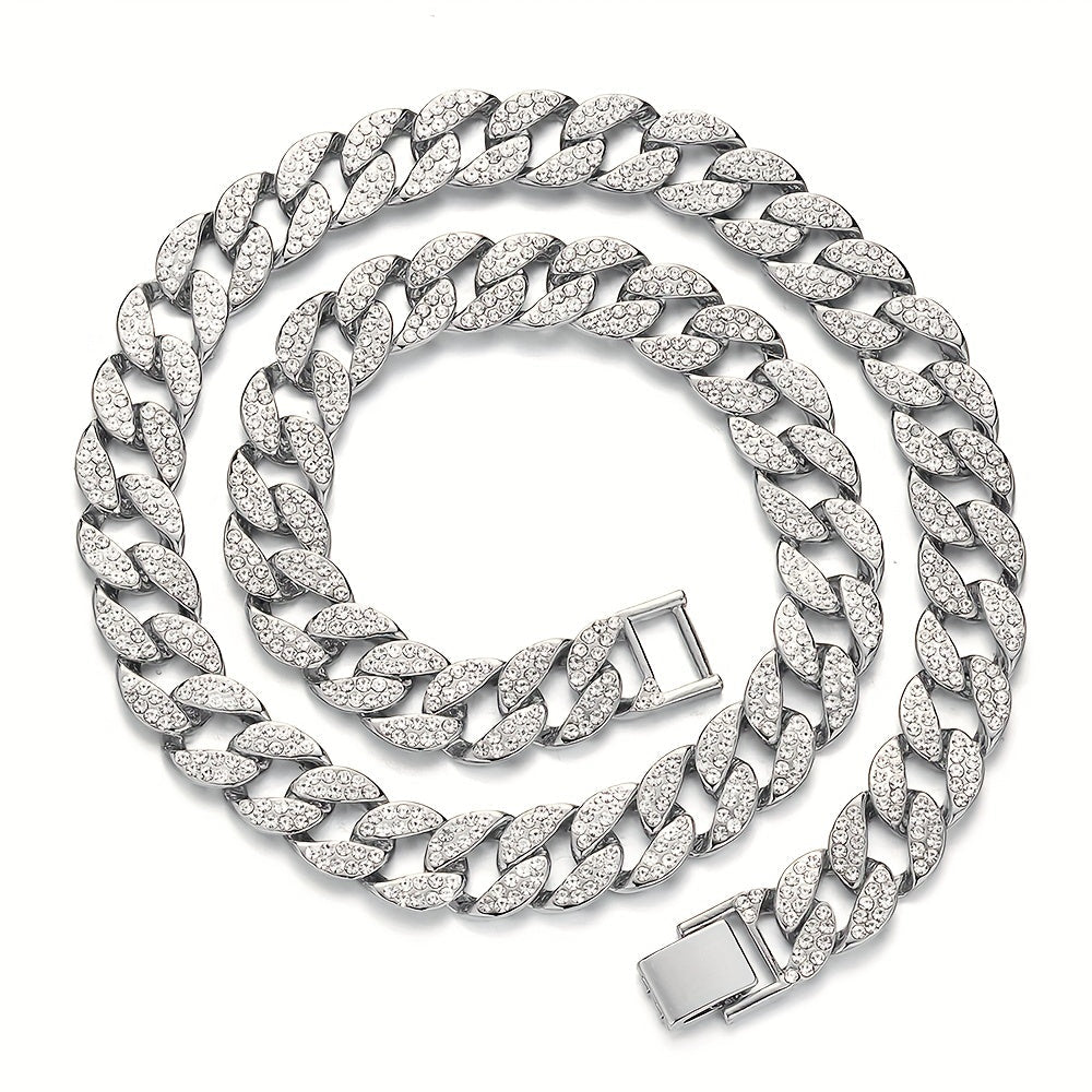 Dog Cuban Link Chain Necklace Full Rhinestone Pet Collar Jewelry – Durable Metal Bling Necklace for Small to Large Dogs & Cats, Sizes S to 3XL, Golden Silver Rose Gold, Holiday Gift
