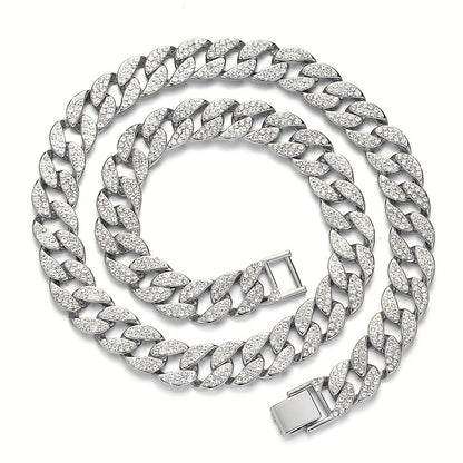 Dog Cuban Link Chain Necklace Full Rhinestone Pet Collar Jewelry – Durable Metal Bling Necklace for Small to Large Dogs & Cats, Sizes S to 3XL, Golden Silver Rose Gold, Holiday Gift