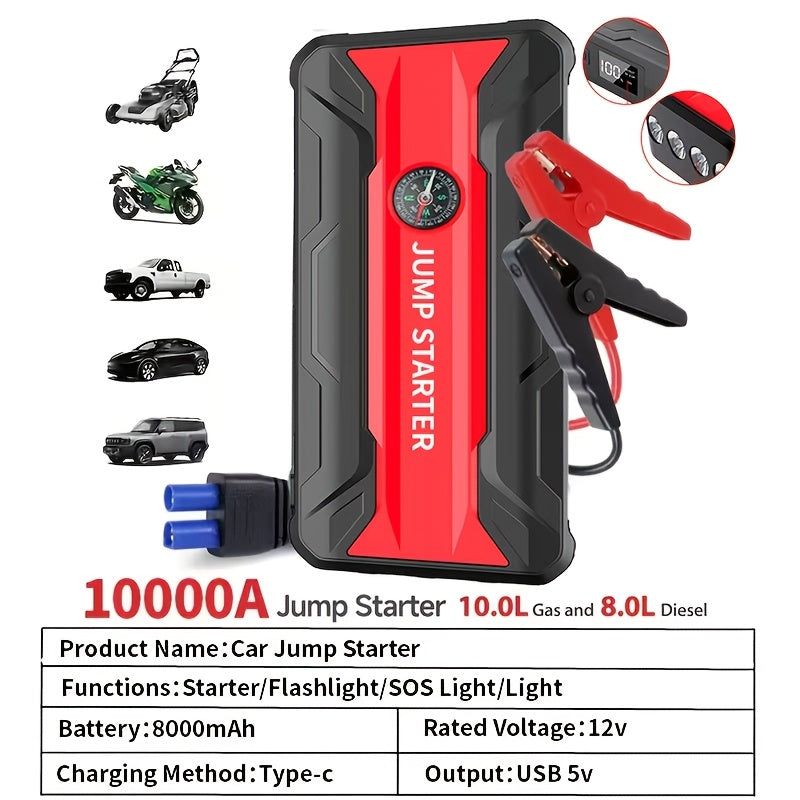 10000A 7-in-1 Multi-functional Emergency Start Power Supply with Air Pump, 150PSL Portable Car Battery Starter, Digital Tire Inflator, Suitable for 2.64 Gallon Gasoline Or 2.38 Gallon Diesel Battery, LED Emergency Light, Car Emergency Tool.