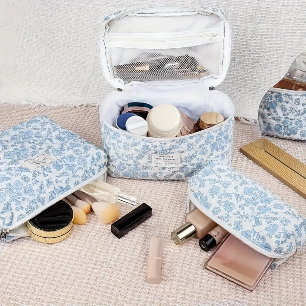 Quilted Makeup Bag Set 3 Pcs Floral Pattern Large Capacity Travel Cosmetic Organizer with Gold Zipper — Polyester Skincare Toiletry Pouch Blue Pink Peacock for Women