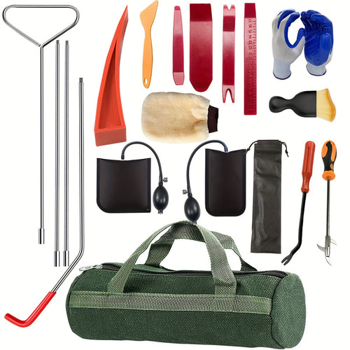 Emergency Car Door Opener Tool Kit, Universal Car Emergency Kit, Car Door-Unlocking Kit With Long Reach Grabber, Wedge Air Bag, Auto Trim Removal Tool Kit And Tool Bag Etc. Blue