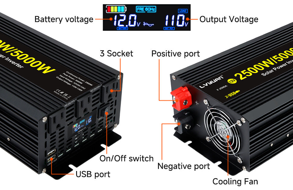 2500W Power Inverter 5000W (Peak) 12V to 110V DC to AC with LCD Display, Remote Controller 4 x AC Outlets and 4 x 3.1A USB Car Adapter for Car Truck Boat RV Solar System