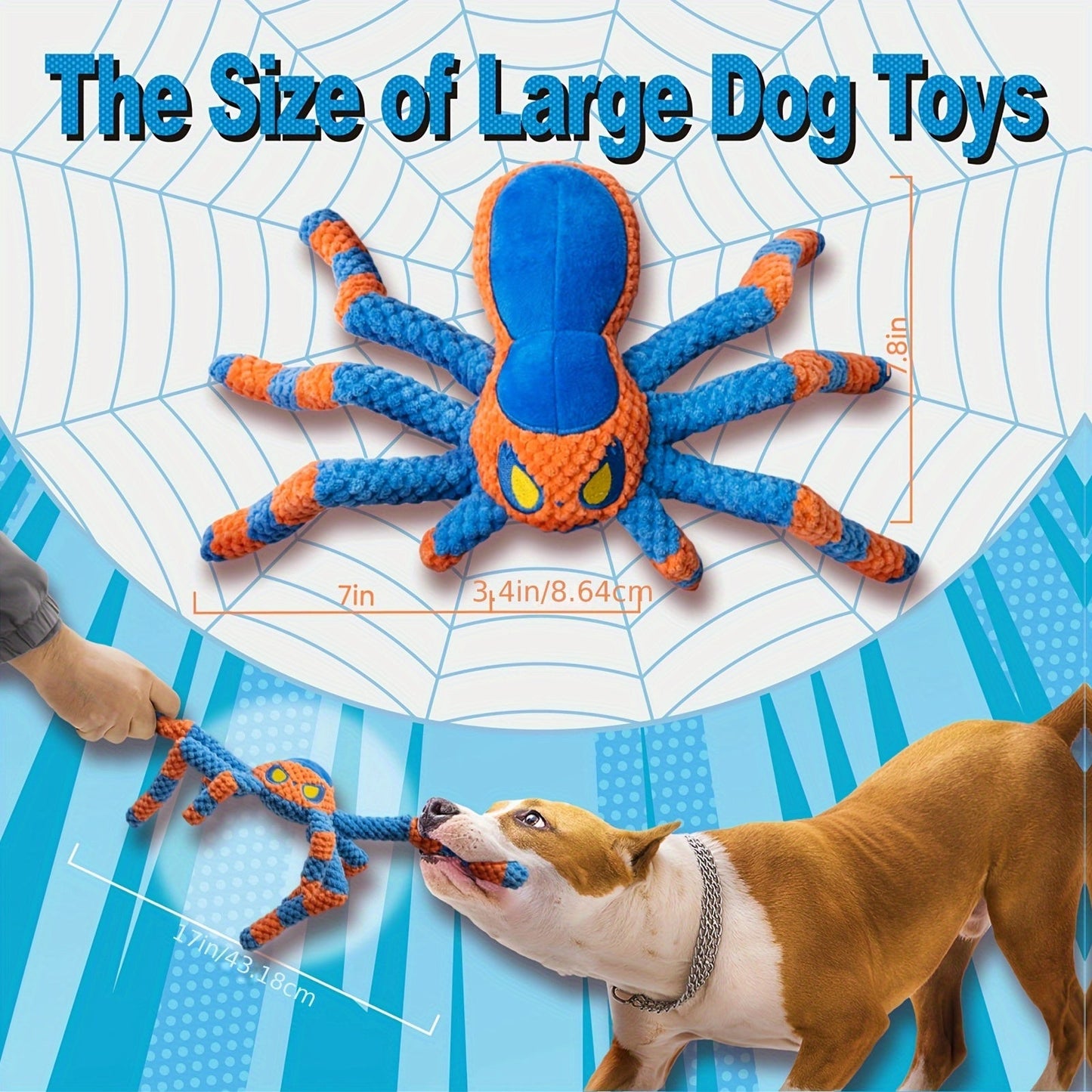Squeaky Spider Dog Toy - Interactive Crinkle Tug of War Plush Dog Toy with Squeaker Head & Flexible Legs, Durable Large Dog Toys to Keep Dogs Busy, No Battery Needed, Red & Blue Spider Styles