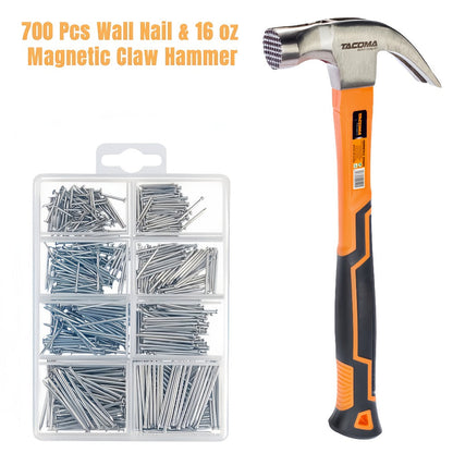 Claw Hammer & 700-Piece Nail Kit – 8oz or 16oz Forged Steel Magnetic Hammer with Galvanized Picture Hanging & Finishing Nails, Home Repair & DIY Wall Hanging Tool Set