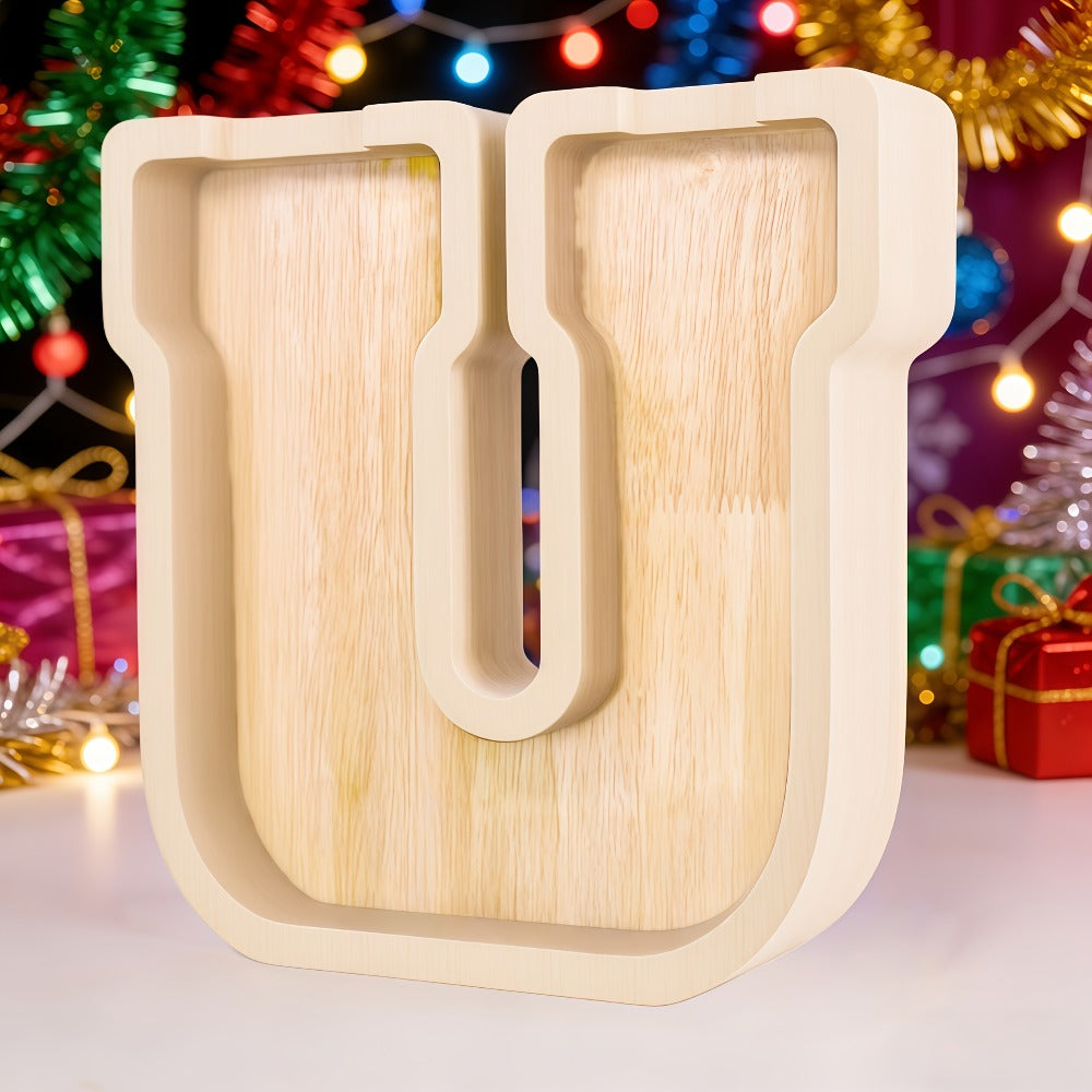 Alphabet Letter Piggy Bank A-Z Wooden Coin Bank Large Capacity Transparent – Personalized Savings Box for Kids | Back to School, Christmas & Birthday Gift