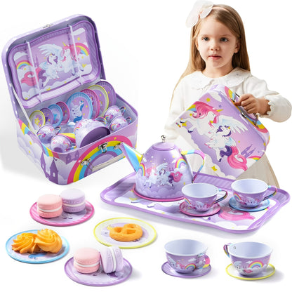 Unicorn Tea Party Set for Girls – Purple Tin Teapot Cups & Plates Pretend Play Princess Kitchen Toy with Storage Case – Magical Unicorn Rainbow Castle Gift for Ages 3+ Birthday Easter Christmas