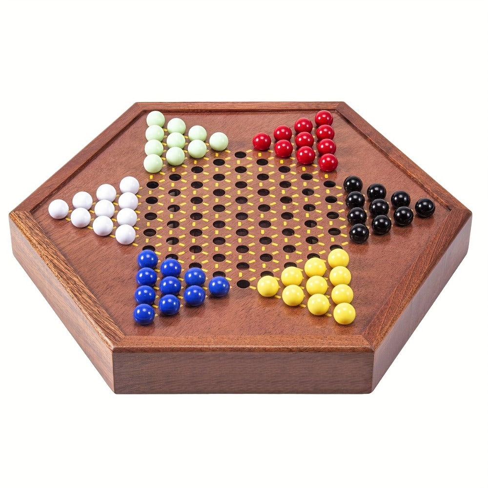 Deluxe Wooden Chinese Checkers Game Set 12.5 Inch Hexagonal Board with Storage Drawer 60 Acrylic Marbles – Classic Family Strategy Board Game for Kids Adults Game Night Gift